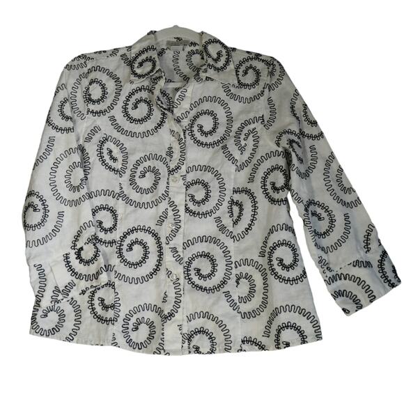 Tweeds Blouse Womens M Black White Embroidered Swirls 100% Linen Button Front - Picture 1 of 13